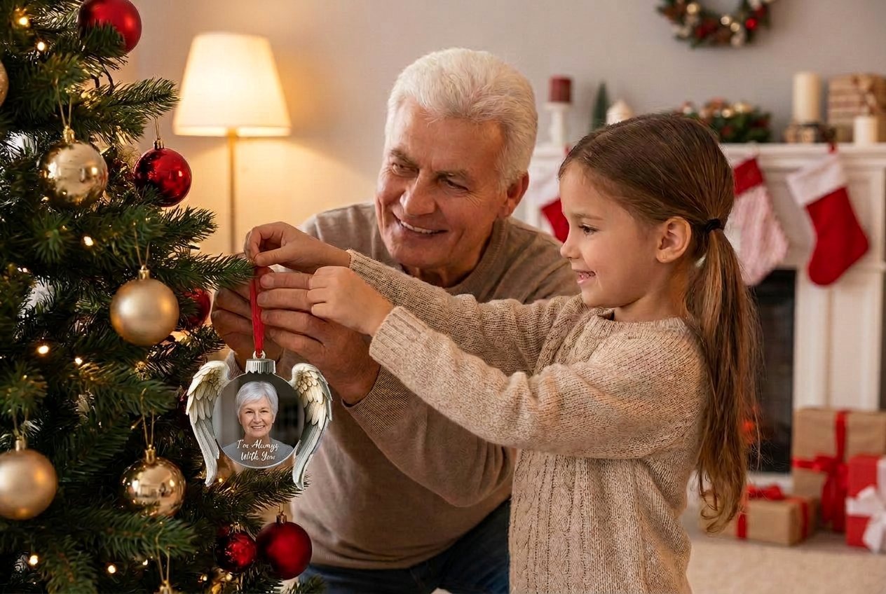 A grandfather and his granddaughter hanging the ornament on the tree