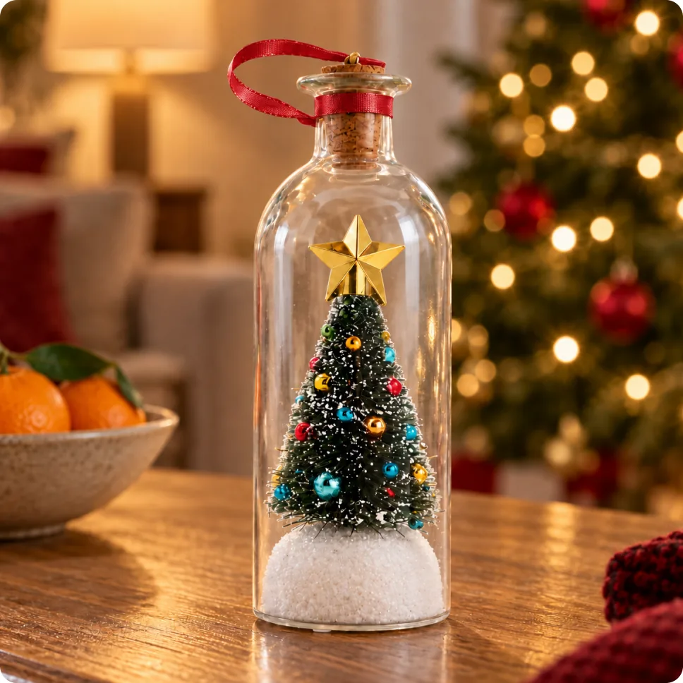 The Christmas Memory Bottle on a table in front of a lit Christmas tree