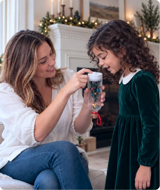A mother and daughter recording a message into the Christmas Memory Bottle