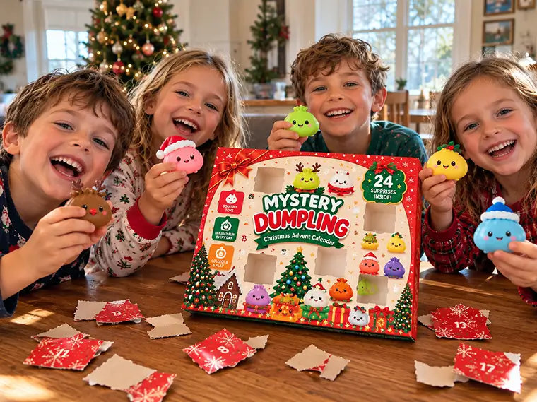 Four kids holding squishy dumplings around the Mystery Dumpling Christmas Advent Calendar