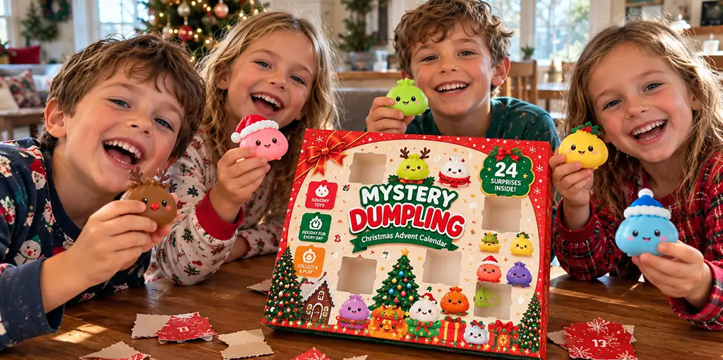 Four kids holding squishy dumplings around the Mystery Dumpling Christmas Advent Calendar
