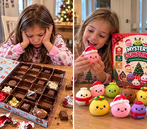 A girl upset by a chocolate advent calendar next to a girl smiling with squishy dumplings