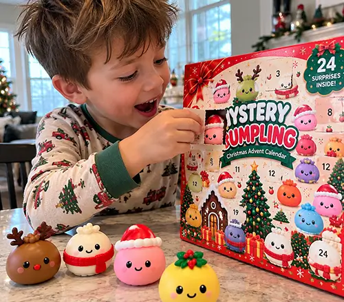Boy opening a door on the Squishy Dumpling Advent Calendar