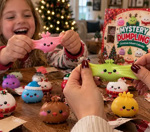Kids and adults stretching squishy dumpling toys