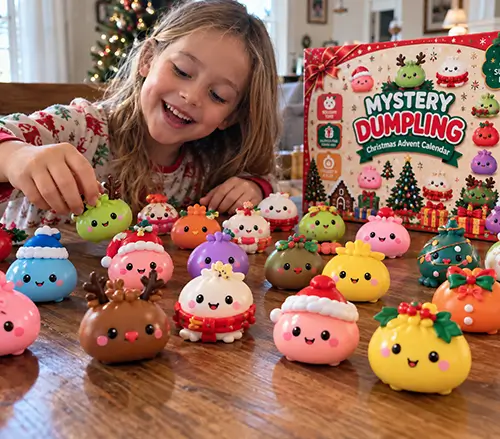 Girl with a table full of colorful squishy dumpling characters