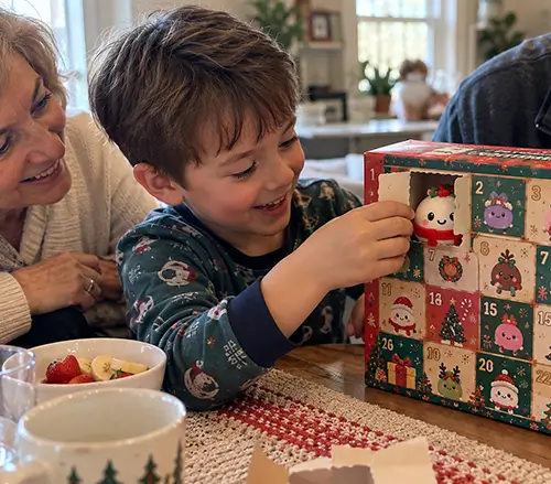 Boy and his grandmother opening the advent calendar at breakfast