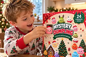 Boy opening a door on the Squishy Dumpling Advent Calendar
