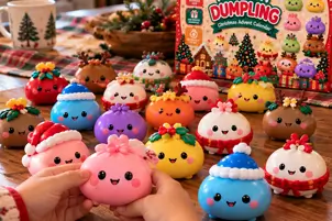 Squishy dumpling characters lined up for display