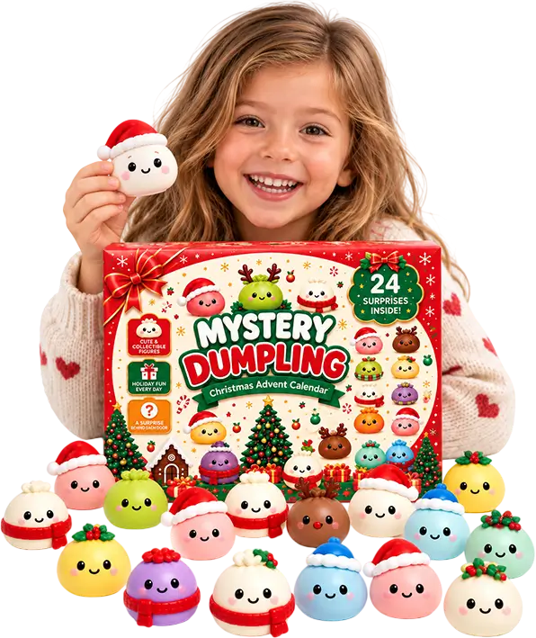 Girl holding a squishy dumpling next to the Squishy Dumpling Advent Calendar box and its 24 characters