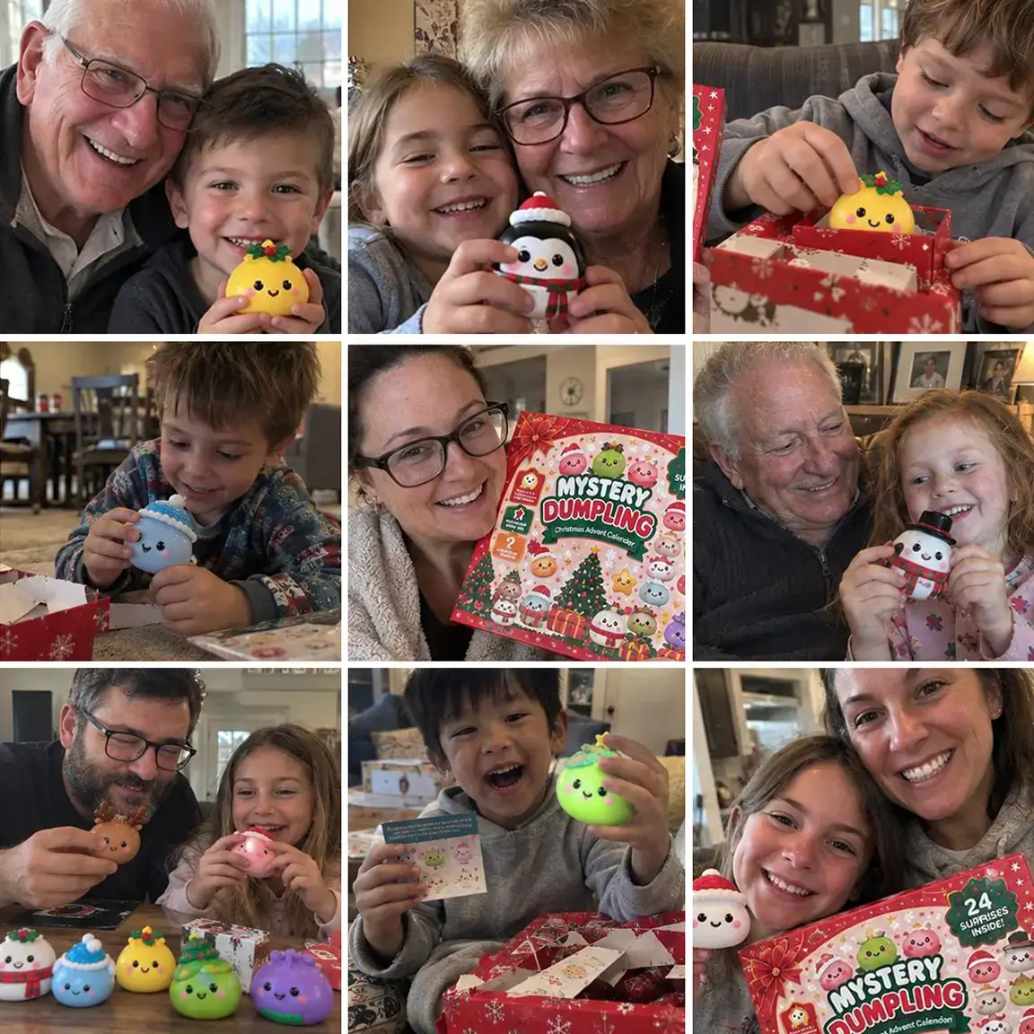 Families playing with the squishy dumpling characters and the calendar box