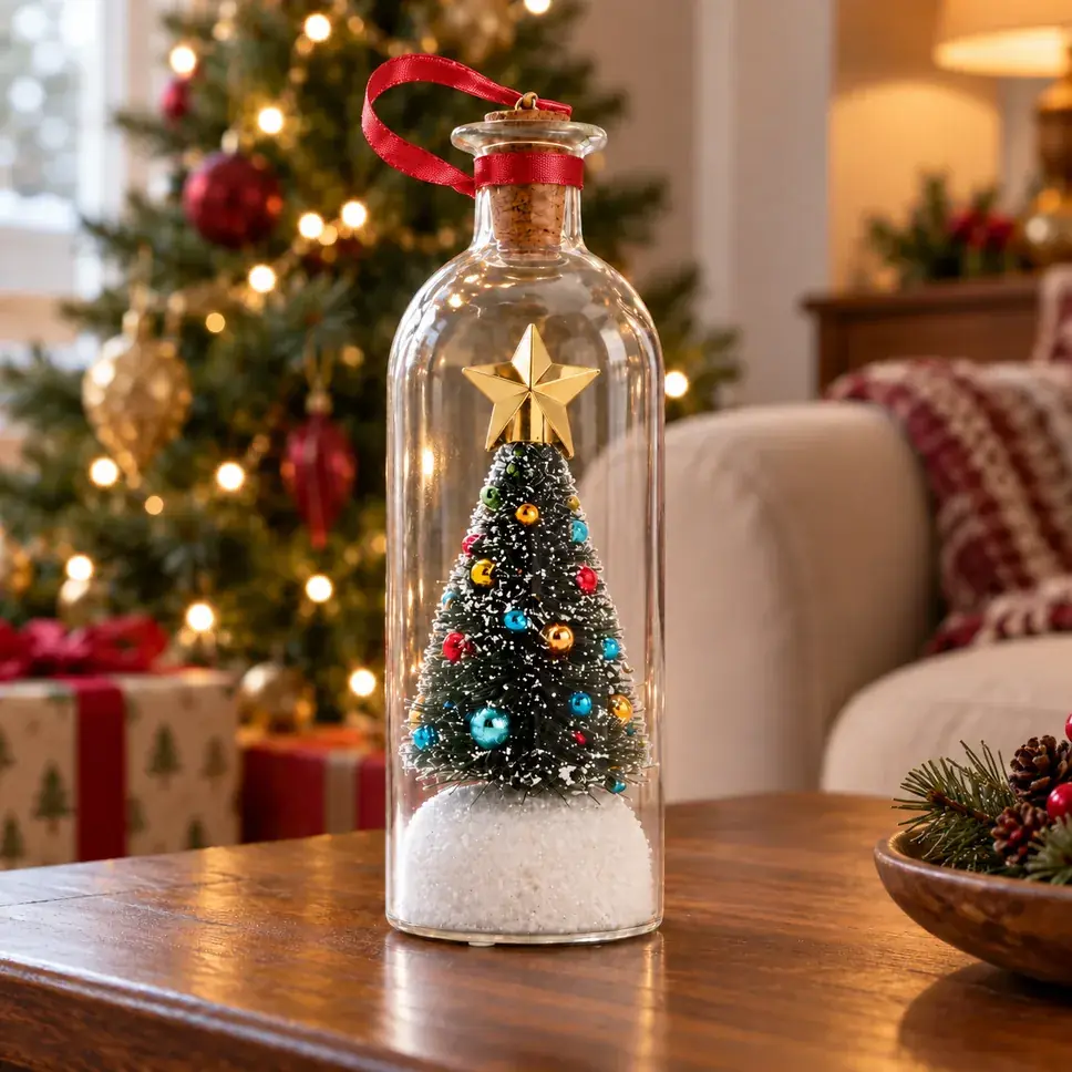 The Christmas Memory Bottle on a side table in front of a decorated Christmas tree