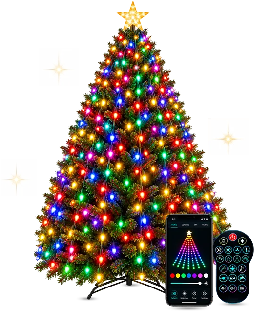 A Christmas tree lit in many colors by Smart Christmas Tree Lights, with the star topper, the app on a phone and the remote