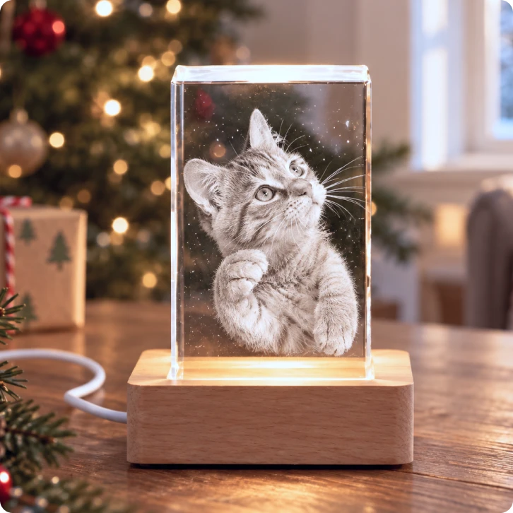 The Living Memory Crystal glowing on its timber base on a wooden table