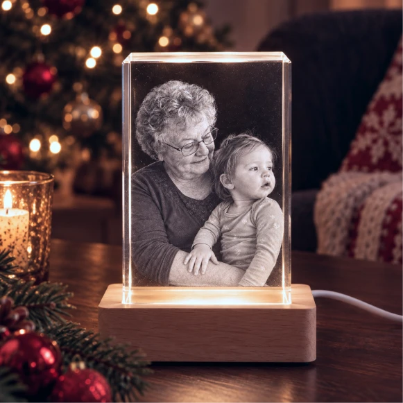 The Living Memory Crystal on a timber light base displaying a 3D photo inside